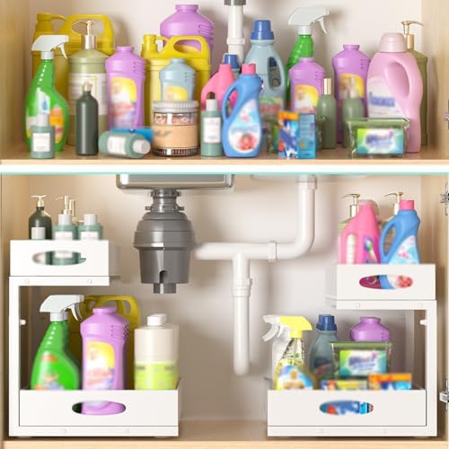 Under Sink Organizer, Extra-Wide Upgrade, 2 Pack 2 Tier Metal Slide Out Cabinet Organizer, Height Adjustable Organization and Storage Series, Bathroom/Cabinet/Kitchen organization, White - Image 7