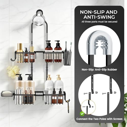 Adjustable Hanging Shower Caddy for Handheld Showerhead, Rustproof Aluminum Over Shower Head Organizer, Renter-Friendly No-Swing Storage for Tall Bottles & Soap, 2-Tier, Black - Image 6