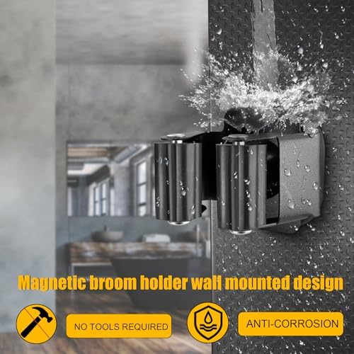 Upgraded Magnetic Broom and Mop Holder Wall Mount, Space-Saving Heavy Duty No Drill Over the Door Broom Gripper RV Camper Wall Organizer,Black,4 Pcs (Pack of 2) - Image 4