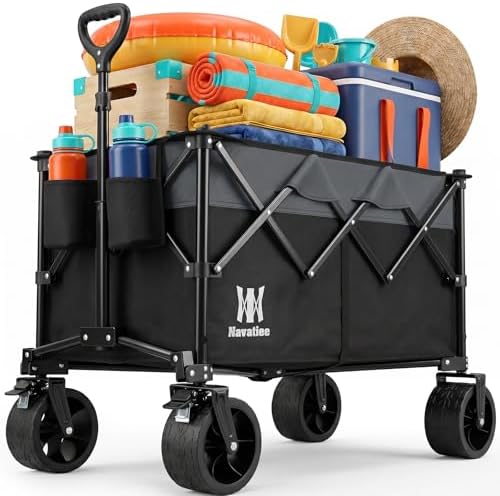 Navatiee 330Lbs Collapsible Folding Wagon, Beach Wagon Cart Heavy Duty Foldable with Big Wheels, Utility Grocery Wagon with 165L Large Capacity for Camping Garden Sports, Black by Navatiee