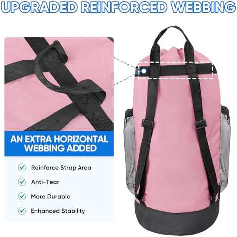 BALEINE 120L Laundry Bag Backpack, 900D Oxford Fabric Large Travel Laundry Bags with Shoulder Straps and 2 Mesh Pockets for College Dorm, Apartment, Laundromat (Pink, 120L) - Image 4