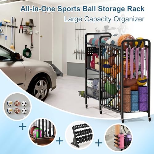 Sports Equipment Garage Organizer,Garage Ball Storage Rack for Sports with Wheels-Upgraded 3 Layers Organizer Rack Outdoor Basketball Racks for Balls with Holder and Hooks (Deep Black) - Image 2