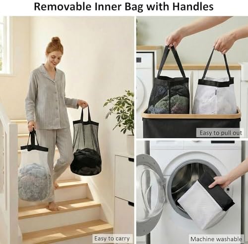 efluky Double Laundry Hamper with Lid and 2 Removable Bags, Black - Image 4