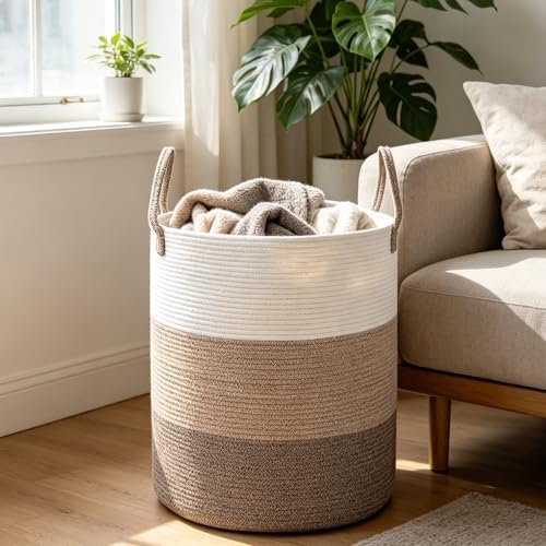 70L Woven Laundry Basket,Large Clothes Hamper with Handles- Brown - Image 3