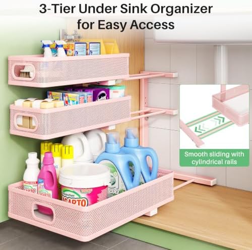 Kitstorack Under Sink Organizer, 1-Pack 3-Tier Height Adjustable Thickened Metal Pull out Cabinet Organizer Shelf, Slide out Storage Drawer Rack for Bathroom Kitchen Pantry Home Organization, Pink - Image 5