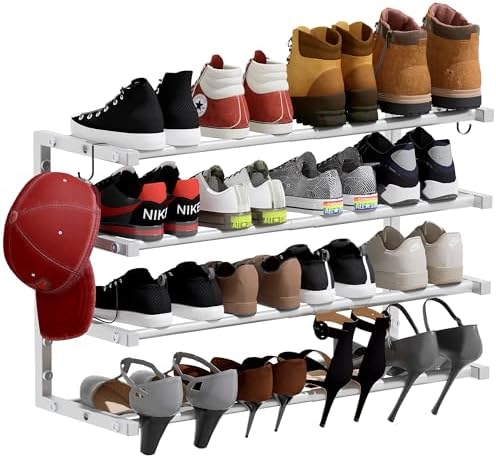 Wall Mounted Shoe Rack, 4 Tier Hanging Shoe Rack Holds 16 Pairs, 17"-30" Adjustable Heavy Duty Wall Shoe Shelf with 2 Storage Hooks, Space Saving for Closet Entryway, White by HomeOrganizerandStorage