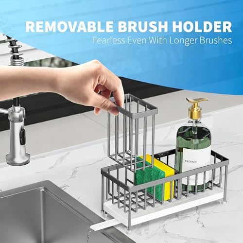 Cisily Sponge Holder for Kitchen Sink, Sink Caddy Organizer with High Brush Holder, Kitchen Countertop Organizers and Storage Essentials, Rustproof 304 Stainless Steel (Gray, 9.25″) - Image 5