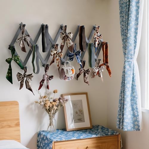 SKOLOO Accordion Wall Hanger with 16 Hooks, Modern Expandable Coat Rack Hat Rack for Wall, Solid Wooden, Dusty Gray Oak - Image 3