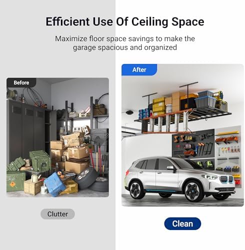 FLEXIMOUNTS 4x8 Overhead Garage Ceiling Storage Rack with 6 Hooks, Black - Image 6