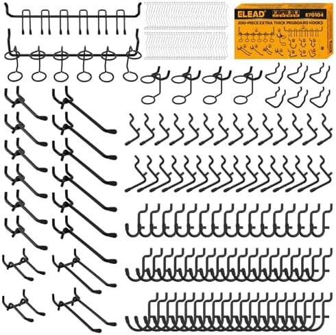 ELEAD 200-Piece Extra Thick Pegboard Hooks Set, 1/4" Heavy Duty Black Peg Board Organizer Accessories, Metal Pegboard Accessories with Pegs Lock, Peg Board Hooks for Hanging by ELEAD