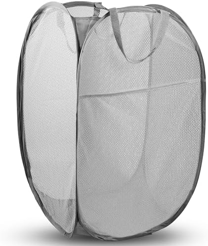 Pop Up Laundry Hamper, 70 L Collapsible Mesh Basket with Side Pocket, Gray by Unknown