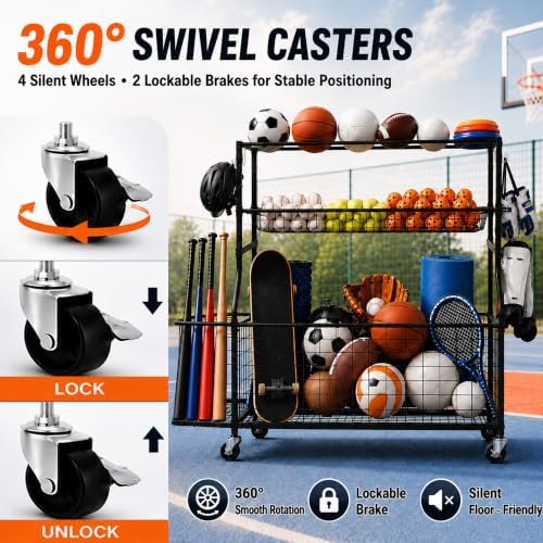 DuraMax Sports Storage Rack for Garage with Wheels, Ball Storage Rack and Sports Equipment Storage Rack, Garage Sports Organizer with Mesh Bin, Basket, Hooks and Bat Rack - Image 4