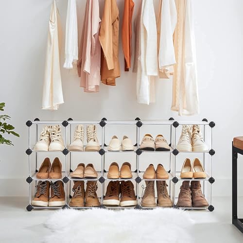 SONGMICS Shoe Rack with 16 Cubes, Interlocking Plastic Shoe Organizer, DIY Storage Cabinet for Closet Entryway Bedroom Garage, Space Saving Design, 12 x 35.1 x 27.2 Inches, Transparent ULPC445W02 - Image 4