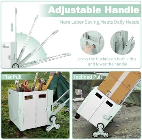 76L Folding Utility Cart Portable Rolling Crate Handcart Shopping Collapsible Tool Box with Stair Climbing Wheels,Hidden Lid,2 Rotate Wheels,for Grocery,Shopping,Office,Storage(Green White) - Image 4