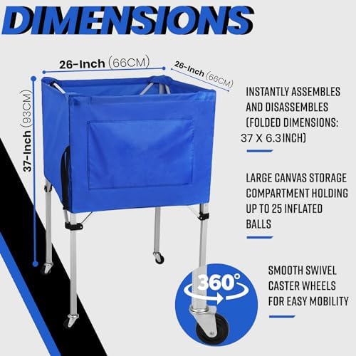 Volleyball Ball cart with Wheels Portable Basket Storage Cart 37in x 26in x 26in Garage Sports Equipment Organizer Volleyball Basketball Soccer Toy Blue - Image 2
