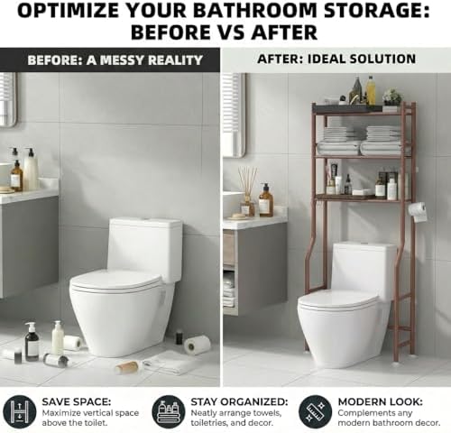 GloTika 3-Tier Over Toilet Storage, Anti-Tilt, 64" H, Bronze - Image 7