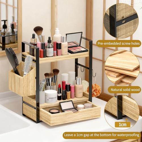 2-Tired Bathroom Counter Organizers and Storage, Bathroom Countertop Organizer with Drawer, Solid Wood Skincare Perfume Organizer for Vanity Kitchen Corner Shelf Office Countertop (Light Brown) - Image 5