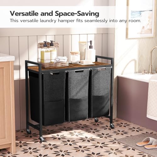 HOOBRO Laundry Sorter 3 Section, Laundry Hamper with Wheels, 3 × 11.5 Gal (43.5 L), Rolling Laundry Basket, Pull-Out and Removable Oxford Fabric Laundry Bags, Rustic Brown and Black BF76XY01 - Image 5