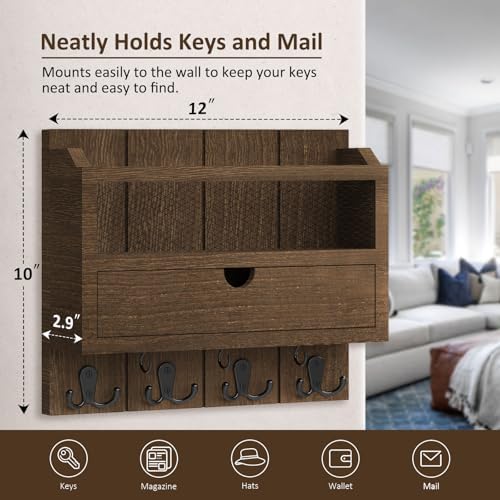 Nekon Mail Organizer with Drawer for Wall, Wooden Key Holder, Brown - Image 5