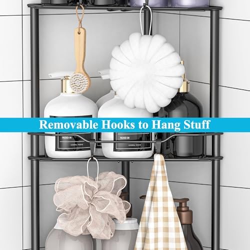 HuggieGems Metal Floor Standing Corner Shower Caddy, Matt Black, 3 Tier - Image 5