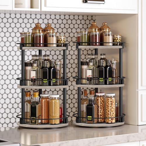 YATINEY Spice Rack, Set of 2 Lazy Susan Organizer, 3-Tier Turntable Organizer, Rotating Spice Rack Organizer For Cabinet, Compact and Versatile, Greige and Black SR23L2BG - Image 2