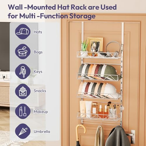 SWTYMIKI Over Door Hat Organizer - 5 Tier Wall Mounted Hat Rack with 4 Adjustable Metal Basket Heights Design and 3 Hooks, Baseball Cap Organizer Storage Holds up to 49 Caps for Door, Bedroom, Closet - Image 4