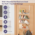 SWTYMIKI Over Door Hat Organizer - 5 Tier Wall Mounted Hat Rack with 4 Adjustable Metal Basket Heights Design and 3 Hooks, Baseball Cap Organizer Storage Holds up to 49 Caps for Door, Bedroom, Closet - Image 4