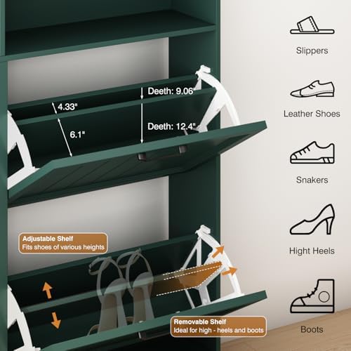 Hidden Shoe Storage Cabinet with 4 Flip Drawers & Open Storage - Image 5