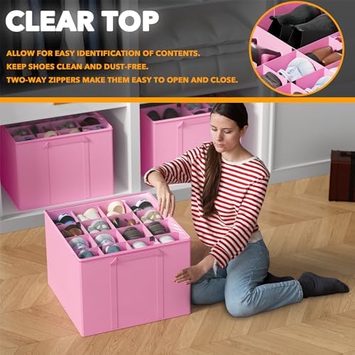 SpaceAid Shoe Organizer for Closet, 2 Pack Foldable Shoe Storage Containers Baskets Boxes Bins w/Adjustable Dividers, Fits 16-32 Pairs, Pink - Image 4