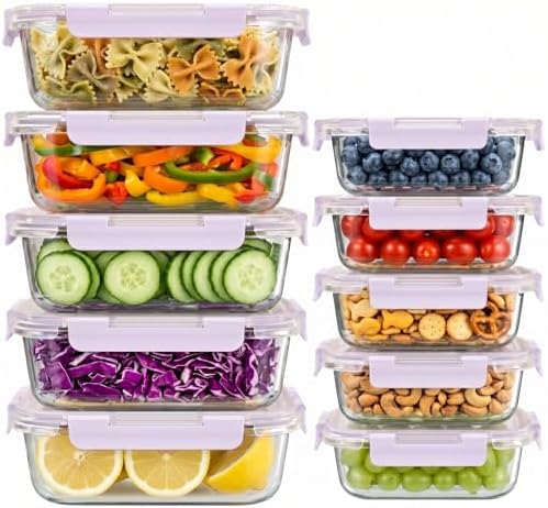 10 Sets 36 oz & 12 oz Glass Food Storage Containers with lids, Purple by Dealusy