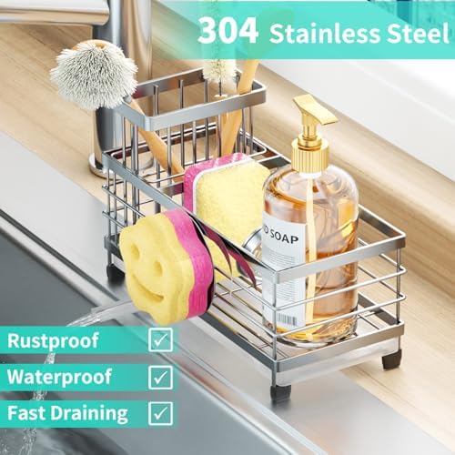 HapiRm Sponge Holder for Kitchen Sink - Self-draining Sink Caddy with Smiley Face and Brush Holder, Stainless Steel Kitchen Organizer for Countertop - Silver - Image 5