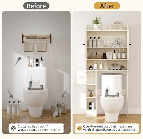 Vipbear Over The Toilet Storage Cabinet, 32.3” W Farmhouse Bathroom Storage Cabinet Above Toilet with Toilet Paper Holder and Barn Doors, Freestanding Restroom Organizer Space Saving Rack, White - Image 5
