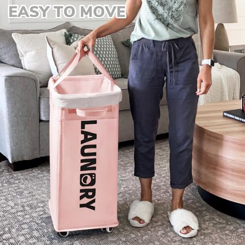 CHICVITA 75L Laundry Hamper with Wheels 2-Pack, Wash Bags, Pink - Image 6