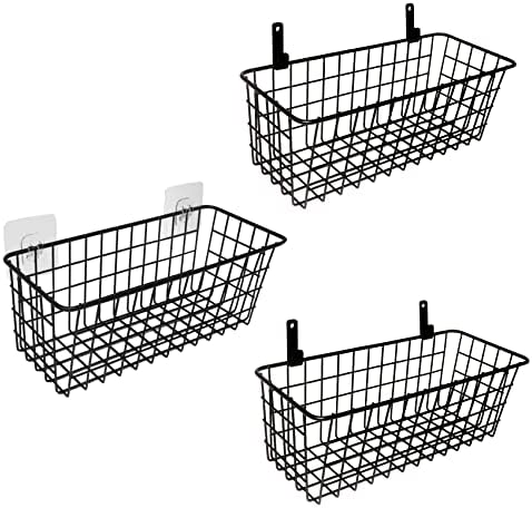 Joben Oligey 3 Set Hanging Wire Baskets ,Wall Mount Fruit Basket,No Drilling,Adhesive Small Metal Basket,Farmhouse Food Storage Mesh Bin Kitchen Pantry Laundry Bathroom Closet Garage RV ,Black by JobenOligey