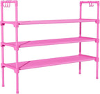 LANTEFUL 3 Tier Shoe Rack for Closet, Shoe Organizer with 5 Hooks, Long Shoe Shelf Storage for Shoe and Boot Stackable Free Standing Shoe Rack for Entryway, Garage, Small Spaces, Dorm, Pink - Image 8