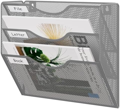 EasyPAG 3 Pocket Mesh Wall File Organizer, Hanging Paper Folder Holder with Classify Label, Vertical Wall Mount Mail Organizer for Office Home Classroom, Silver by EasyPAG