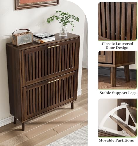 Shoe Cabinet, Shoe Storage Cabinet with Louvered 2 Flip Drawers, Narrow Shoe Cabinet Storage for Entryway, Freestanding Shoe Organizer Cabinet with Golden Handles, Slim Shoe Rack Cabinet (Walnut) - Image 5