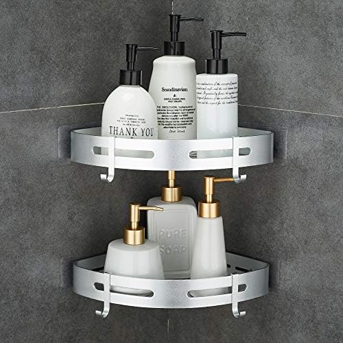 Corner Caddy Bathroom Shower Shelf Wall Mounted No Drilling 2 Tier Storage Shelves Adhesive Triangle Baskets Silver Bathroom Kitchen Storage Basket by Hoomtaook
