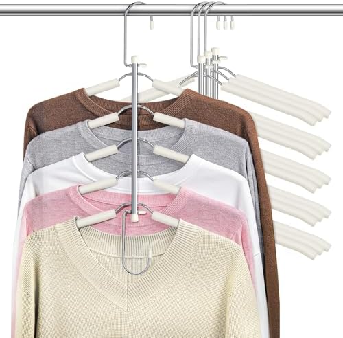 Space Saving Shirt Hanger 5 in 1 Non Slip Coat Hanger Beige 4 Pack | Multi Shirt Hanger, Stainless Steel, Eva Foam Padded, 2 Ways to Hang, Easy Access, Wrinkle Free, Closet Space Saver by Lomrsiul