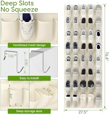 Over the Door Shoe Organizer with 40 Large Breathable Mesh Pockets, Space Saving Shoe Holder, Hanging Shoe Rack for Entryway Bedroom Closet Storage (Beige, 40 Pockets) - Image 2
