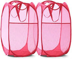 TECHMILLY Collapsible Mesh Pop Up Laundry Hamper with Sturdy Handles and Side Pocket - Portable Foldable Clothes Baskets for Dorm, Bathroom & Travel Storage (Pink, 2 Packs) by TECHMILLY