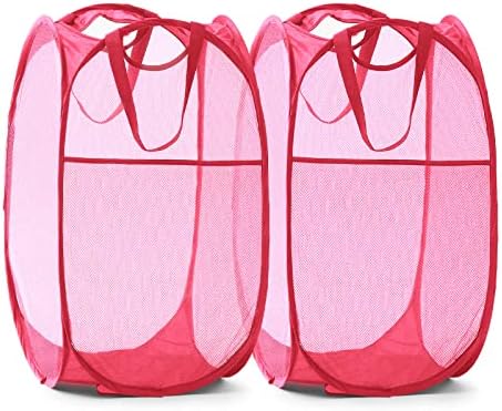 TECHMILLY Collapsible Mesh Pop Up Laundry Hamper with Sturdy Handles and Side Pocket - Portable Foldable Clothes Baskets for Dorm, Bathroom & Travel Storage (Pink, 2 Packs) by TECHMILLY