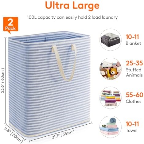 Lifewit 2 Pack Laundry Basket 100L Each, Collapsible Clothes Hamper with Reinforced Handles, Freestanding Waterproof Design for Bedroom and Laundry Room, Blue 200L Total - Image 4