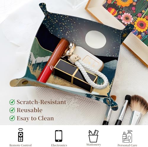 PU Leather Jewelry Valet Tray, Portable Catchall Tray for Keys, Wallet, Watch, Travel Organizer for Nightstand Desk Entryway Home Decor Gift for Women Men Moon Night - Image 2