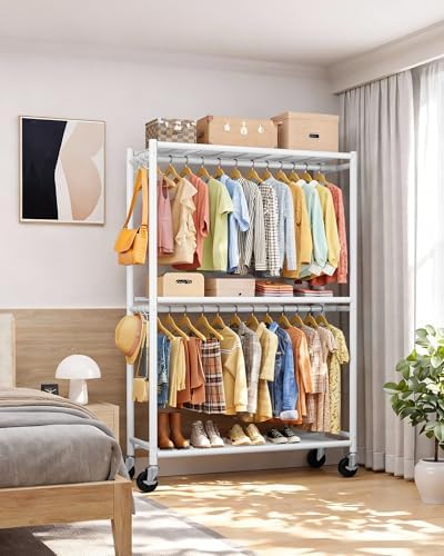 Sakugi Clothes Rack - Double Hanging Rod Clothing Rack with Wheels & Leveling Feet, Large Capacity Wardrobe Closet with Shelves for Bedroom, Laundry Room, Entryway, 45.2" x 12.6" x 80.7", White - Image 3