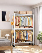 Sakugi Clothes Rack - Double Hanging Rod Clothing Rack with Wheels & Leveling Feet, Large Capacity Wardrobe Closet with Shelves for Bedroom, Laundry Room, Entryway, 45.2" x 12.6" x 80.7", White - Image 3