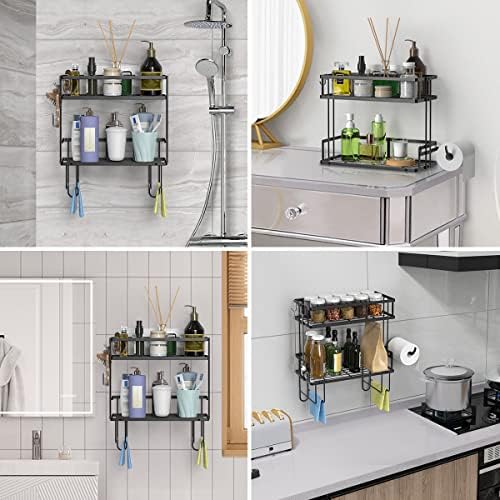 FLOLXNB Over The Toilet Storage Shelf, 2-Tier Bathroom Storage Organizer Upgrade Punch-Free Toliet Storage Shelf, Home Storage Rack with Hooks Shelf,Black - Image 6