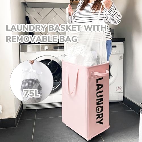 CHICVITA 75L Laundry Hamper with Wheels 2-Pack, Wash Bags, Pink - Image 4