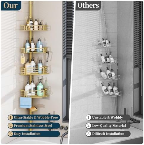 Consumest Corner Shower Caddy Tension Pole - Rustproof Shower Shelves with Towel Bar & Soap Holder, Adjustable Bath Organizer for Bathroom Storage, 27.6-108.3 inch, Gold - Image 2
