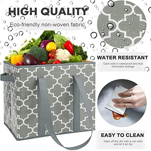 WISELIFE 3-Pack Reusable Grocery Bags Foldable Washable Storage Bins Basket Water Resistant Shopping Utility Tote Bag Grey - Image 4